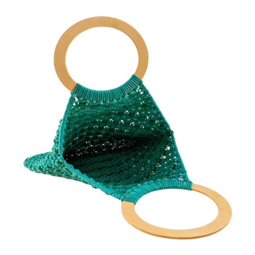 Green Turquoise Macrame Crochet Knit Beaded Boho Wood Handle Tote Handbag - Picture 3 of 5